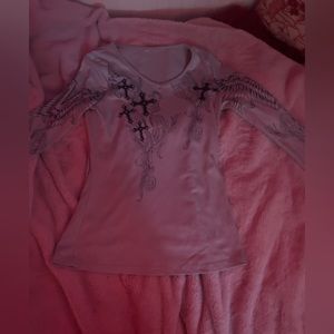 Y2K shirt, crosses, gray and black, rhinestones XS.